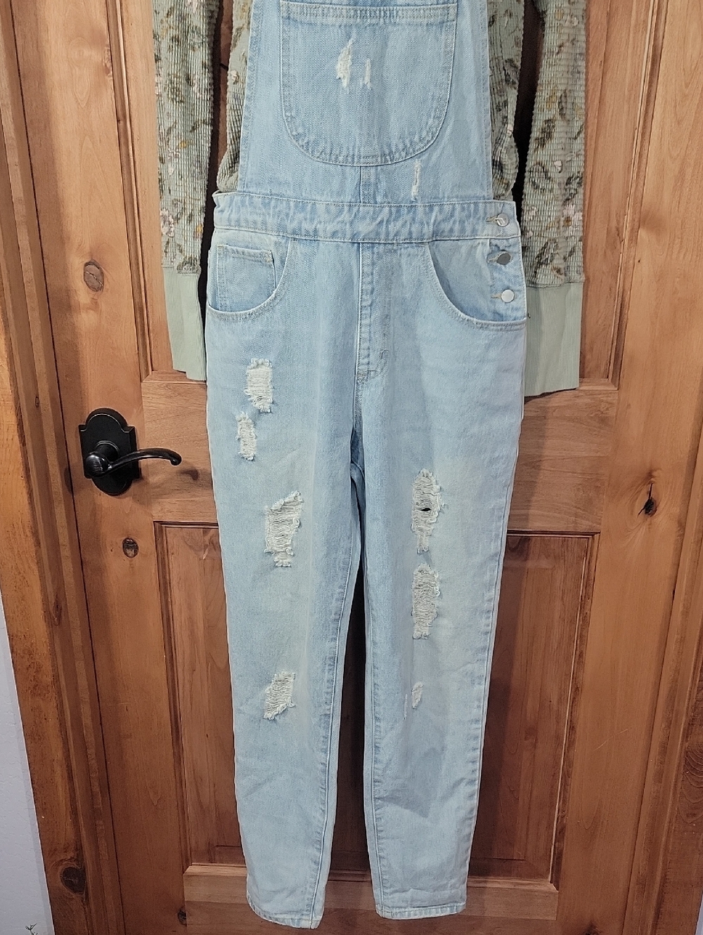 Light Wash Distressed Denim Overalls - Picture 3 of 15